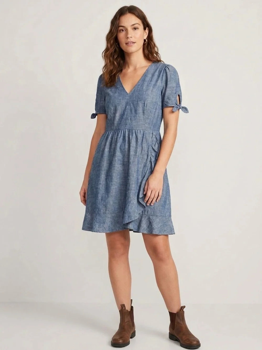 Crew Chambray Tie-Sleeve Ruffle Faux Wrap Dress Size 14 | 100% Cotton Denim Blue